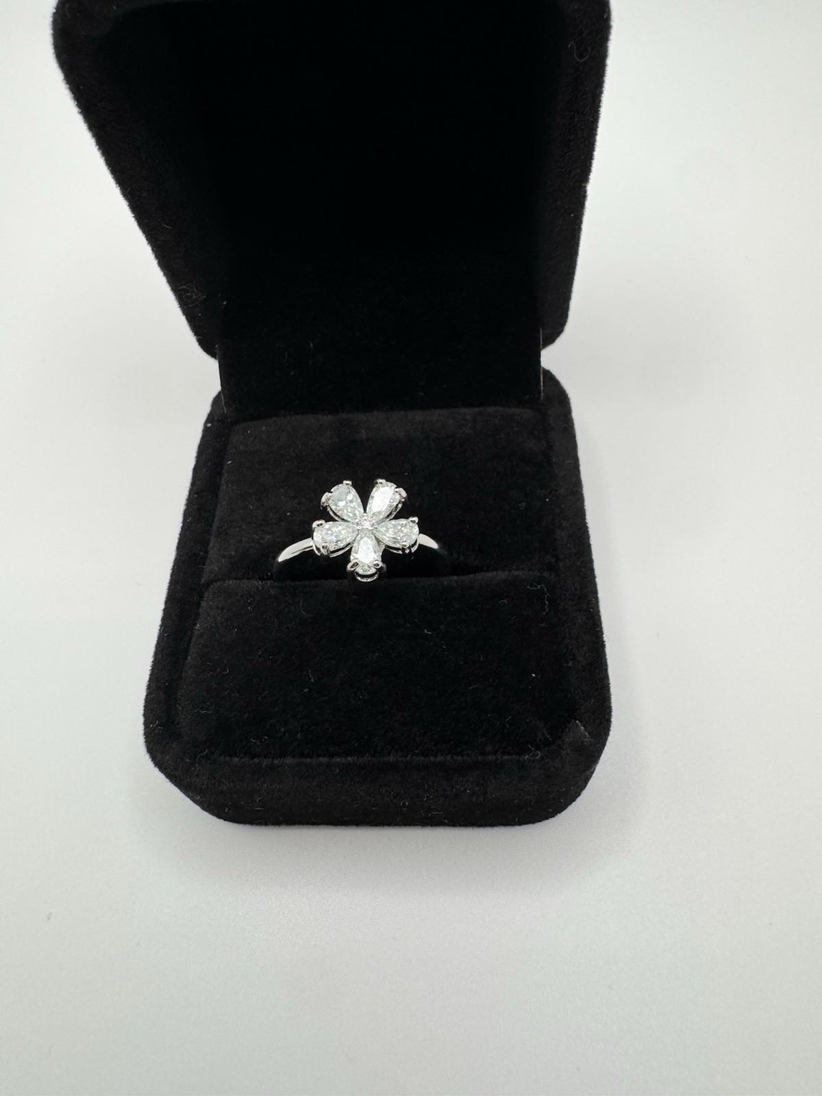 Silvertone Moissanite Floral Cluster Ring With Five Pair Shaped Petals