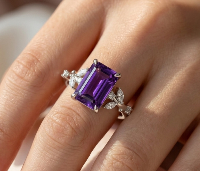 4.40 Ct Certified Emerald Cut Purple Natural Diamond Ring VVS1 White Gold Finish