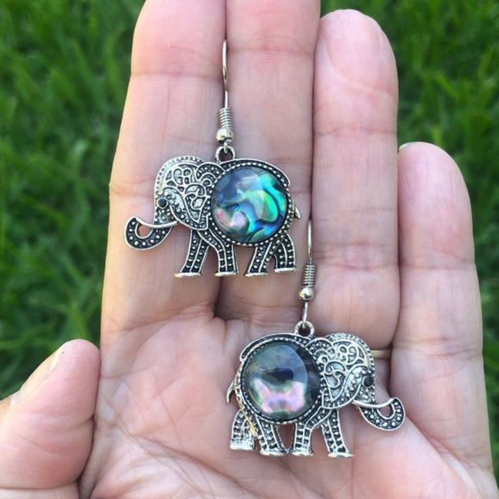 Elephant Earrings Real Abalone Tibetan Silver Drop Earrings NWT