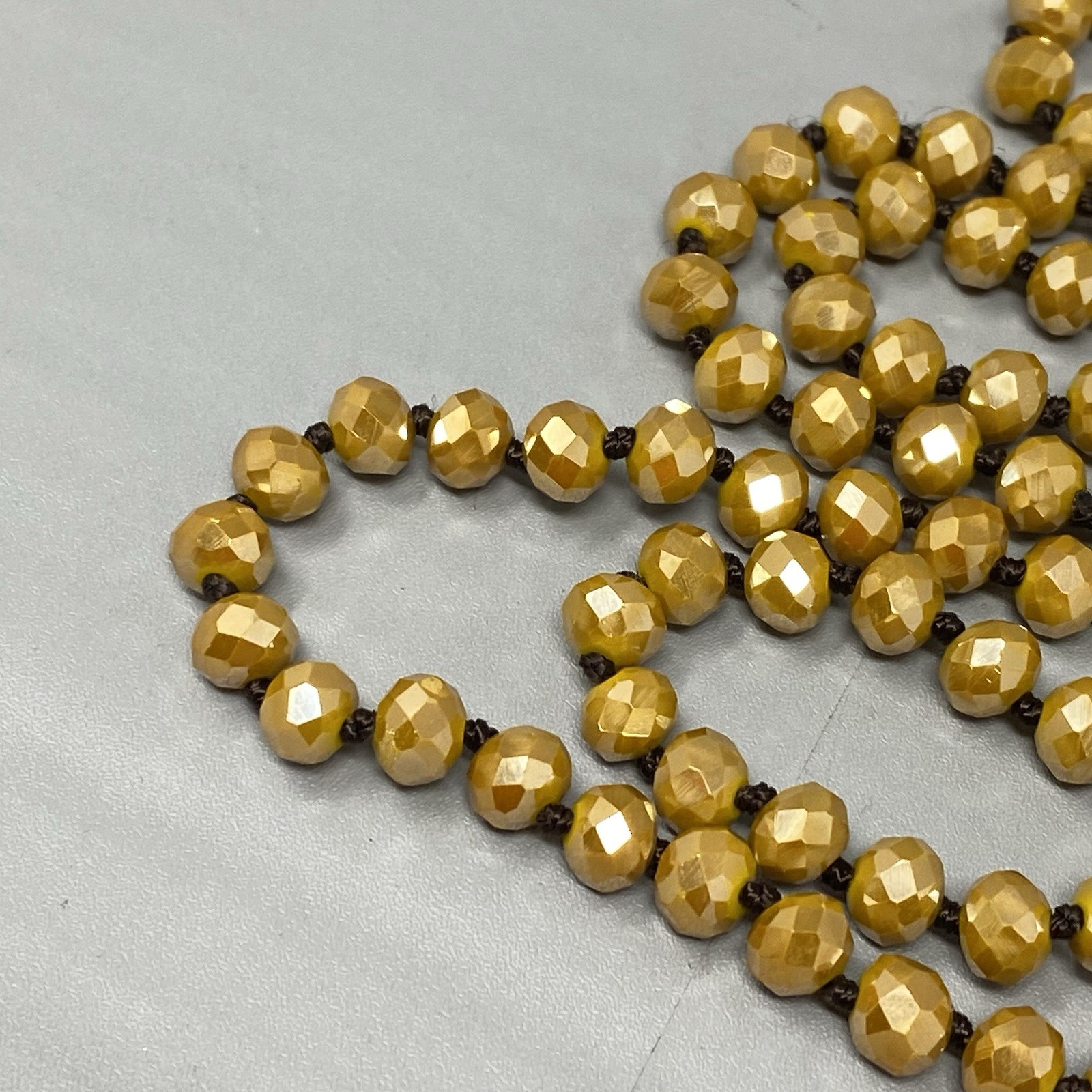 Czech Gold Glass Bead Flapper Necklace Fire Polished Coated Hand Knotted Cord 62