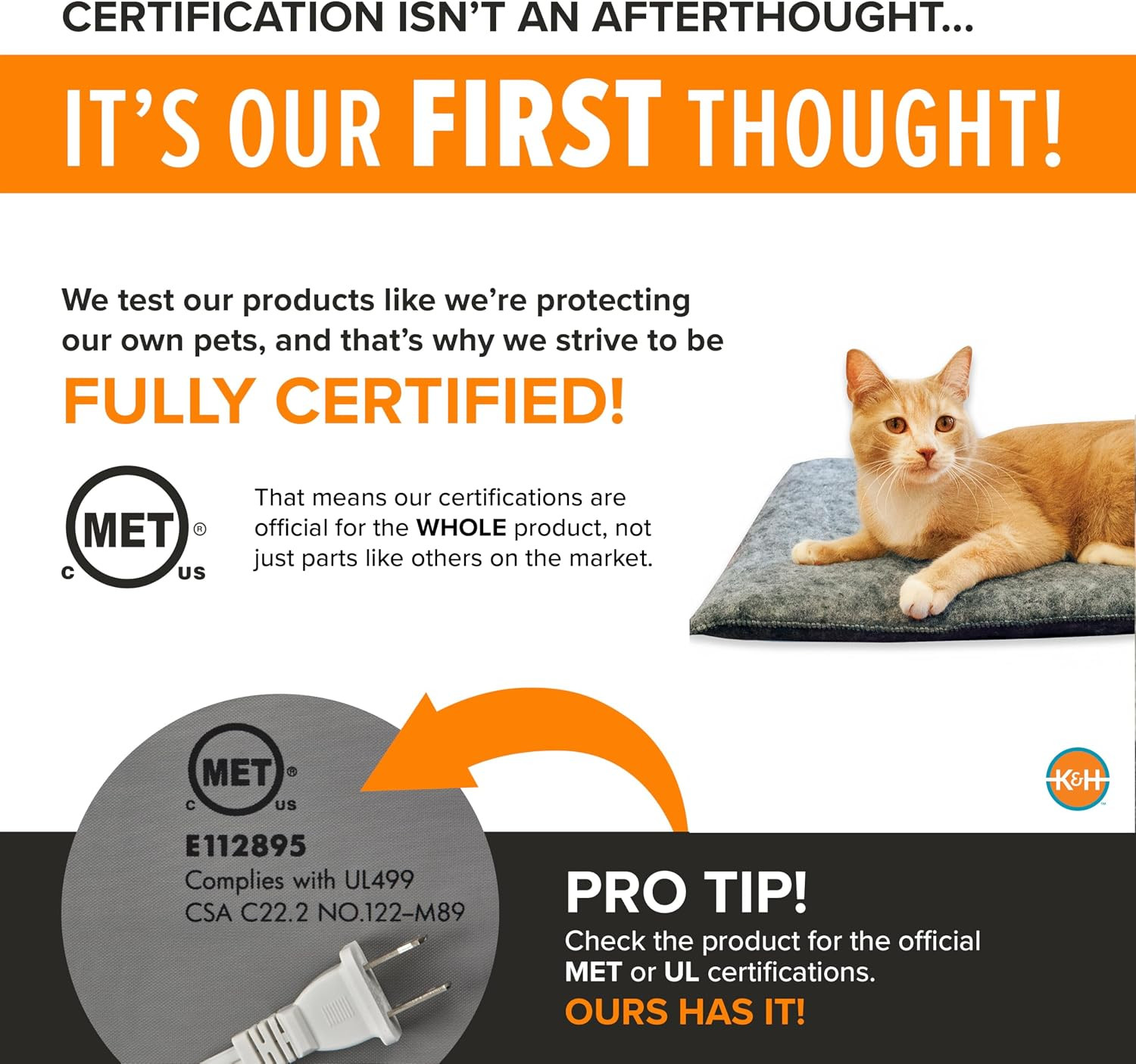 K&H Heated Cat Bed – Thermo-Kitty Pad, Washable, Safety Listed, Gray 20x15in