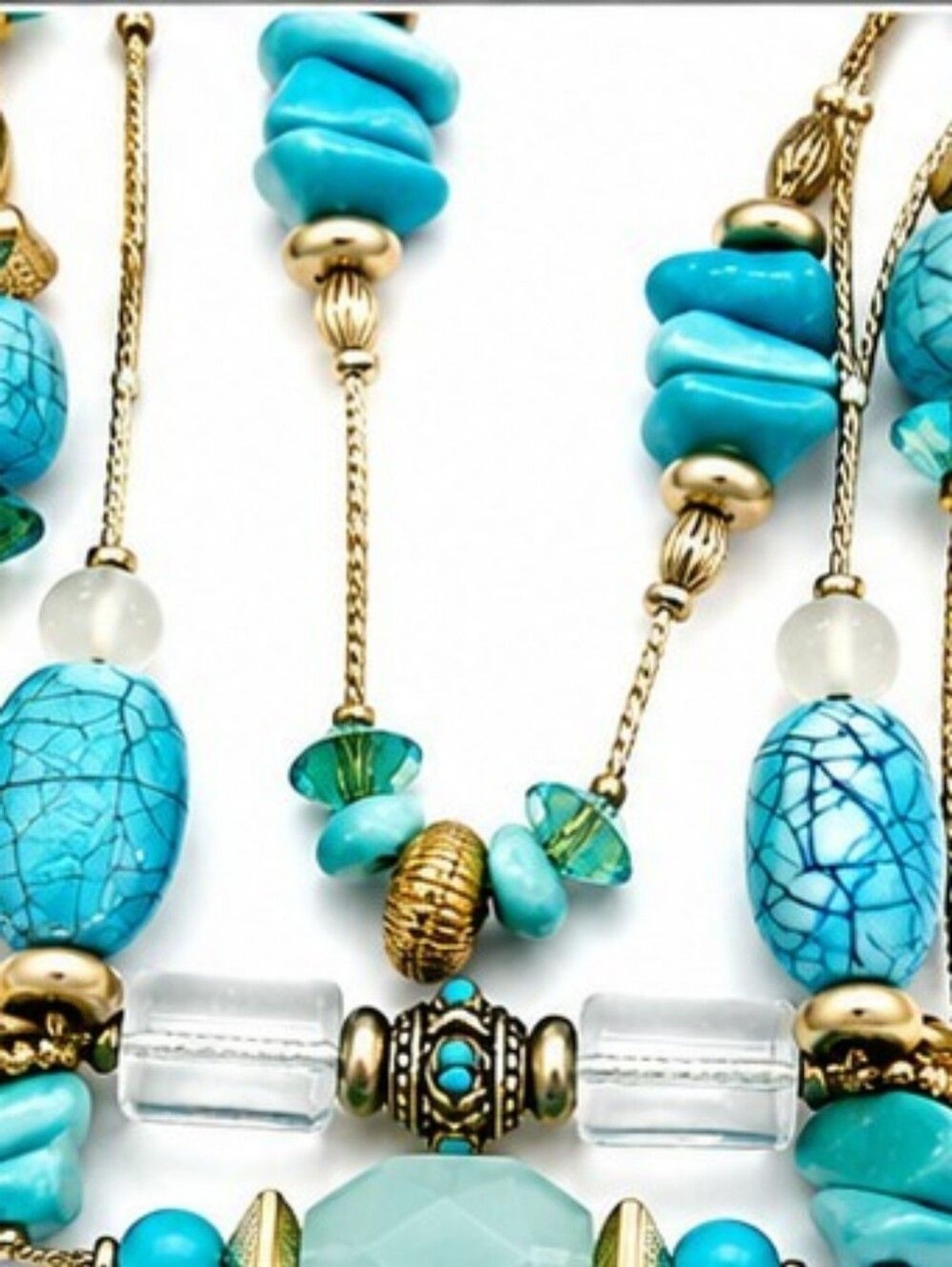 Chico’s Turquoise Layered Statement Necklace Boho Southwestern Gold Tone