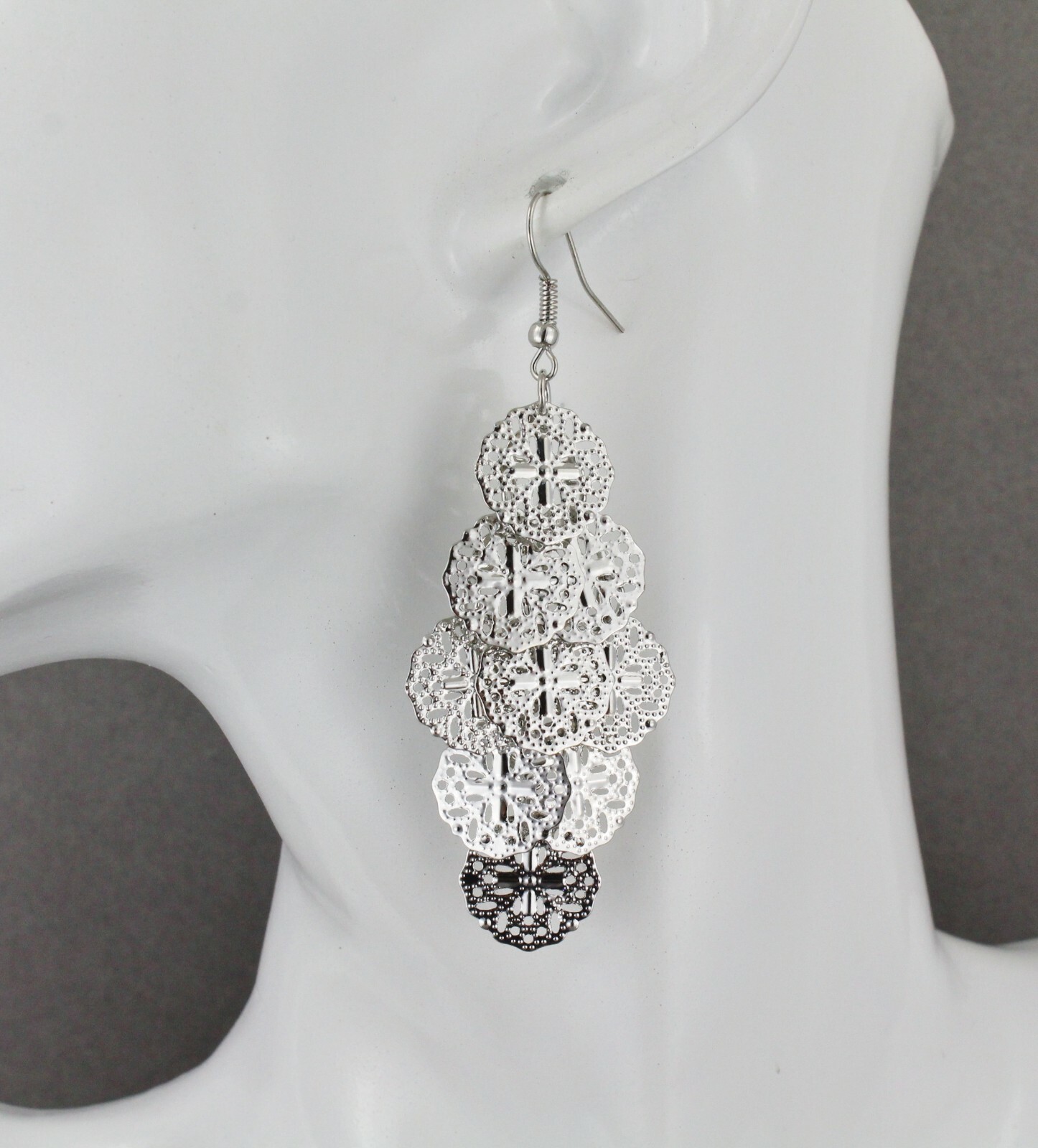Silver chandelier earrings filigree dangle pendant wiggly 3″ long lightweight
