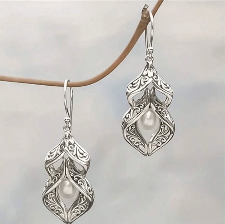 BRIGHTON BEACH Vintage Carved Textured With Faux Pearl Pendant Earrings