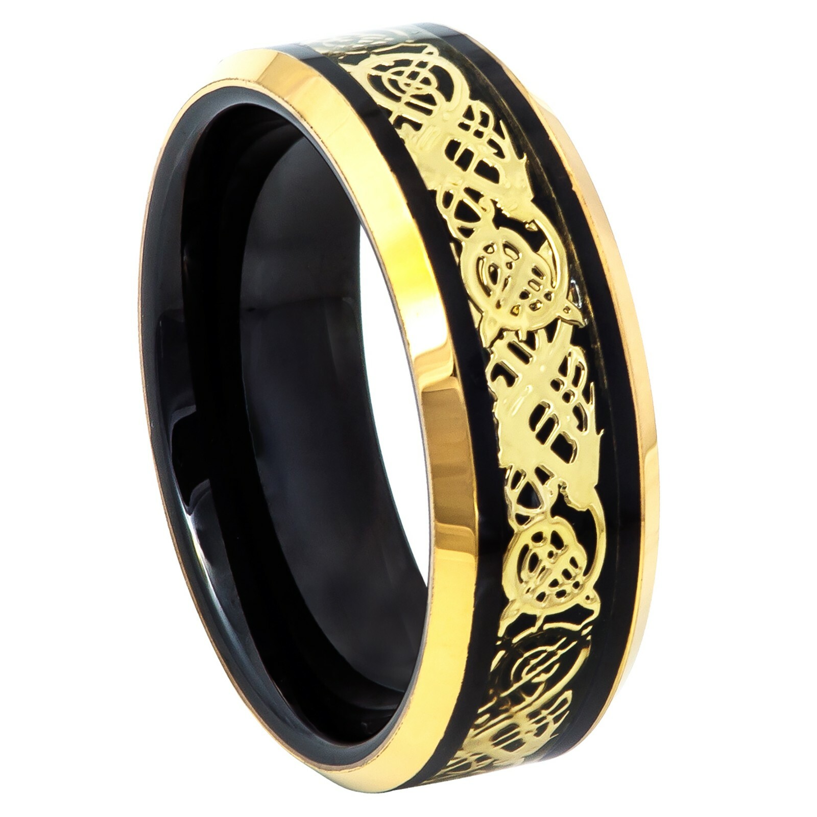 Tungsten Ring Two Tone Black Ion Plated w/ Celtic Cut-out Inlay 8mm Wedding