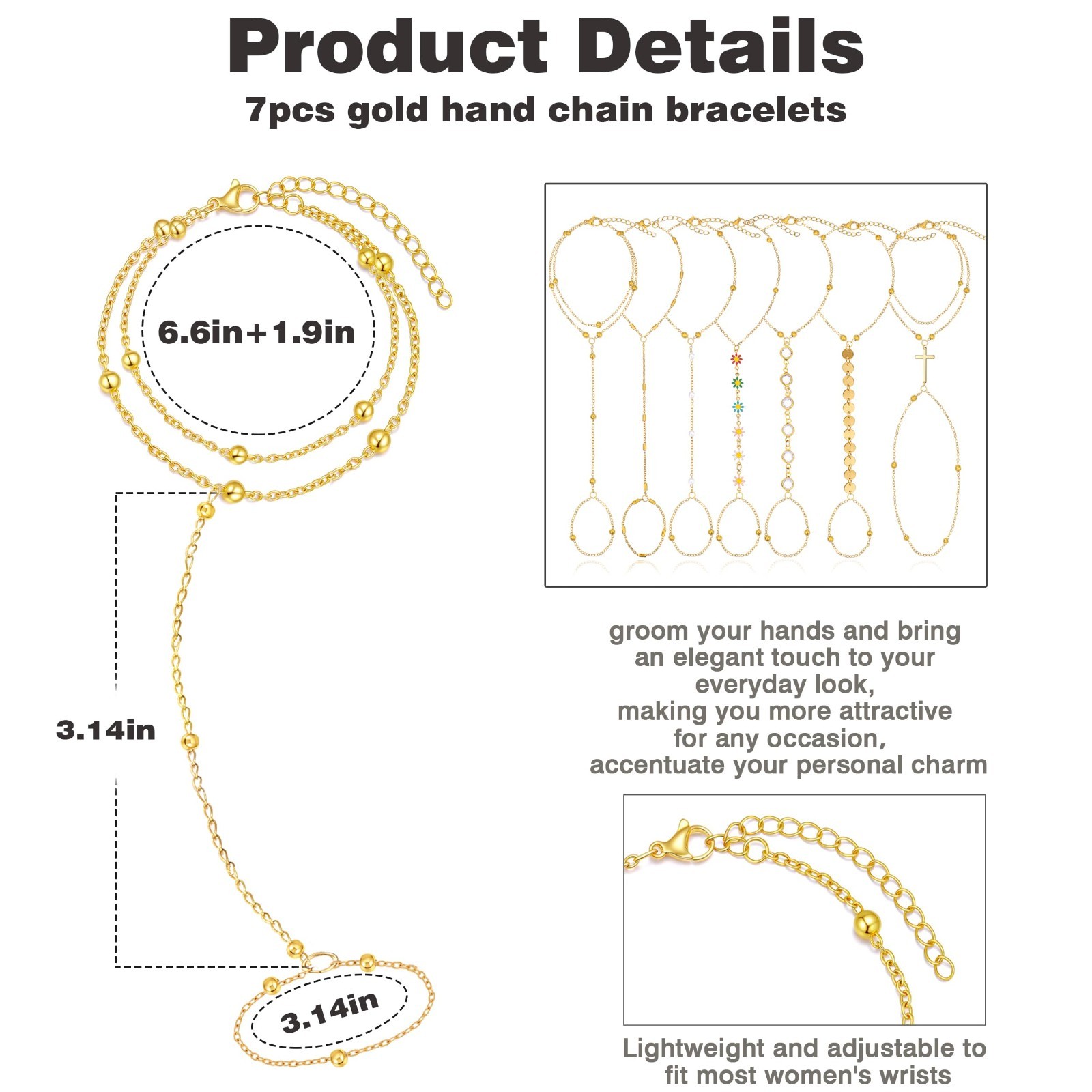 7Pcs 14K Gold Plated Hand Chain Bracelets for Women | Adjustable Stackable Jewel