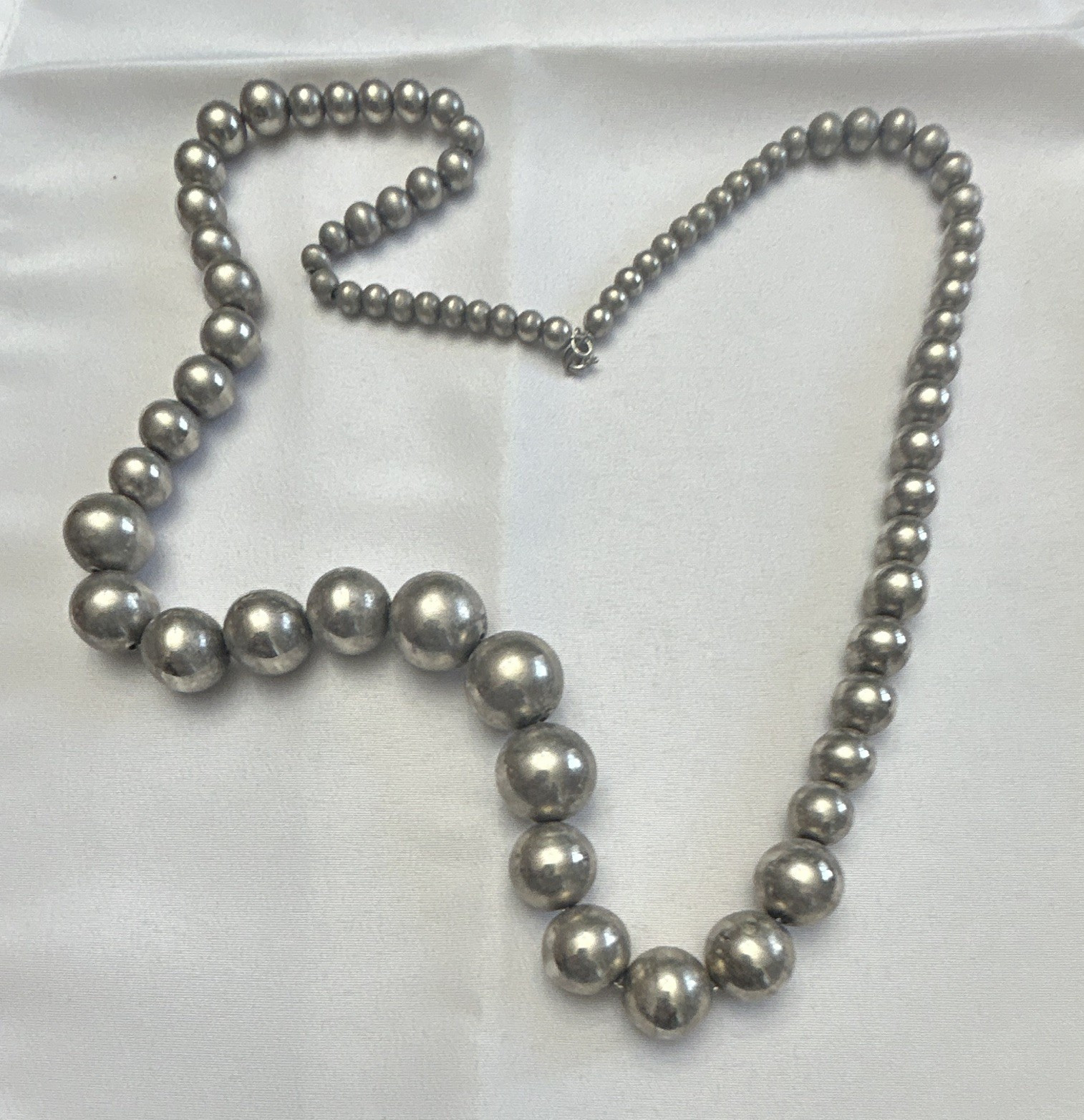 Silver Tone Metal Graduated Round Ball Bead Necklace, Hook Closure, No Stone