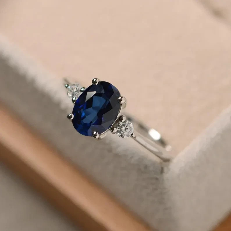 Sapphire engagement sterling silver ring lab created oval cut blue gemstone ring
