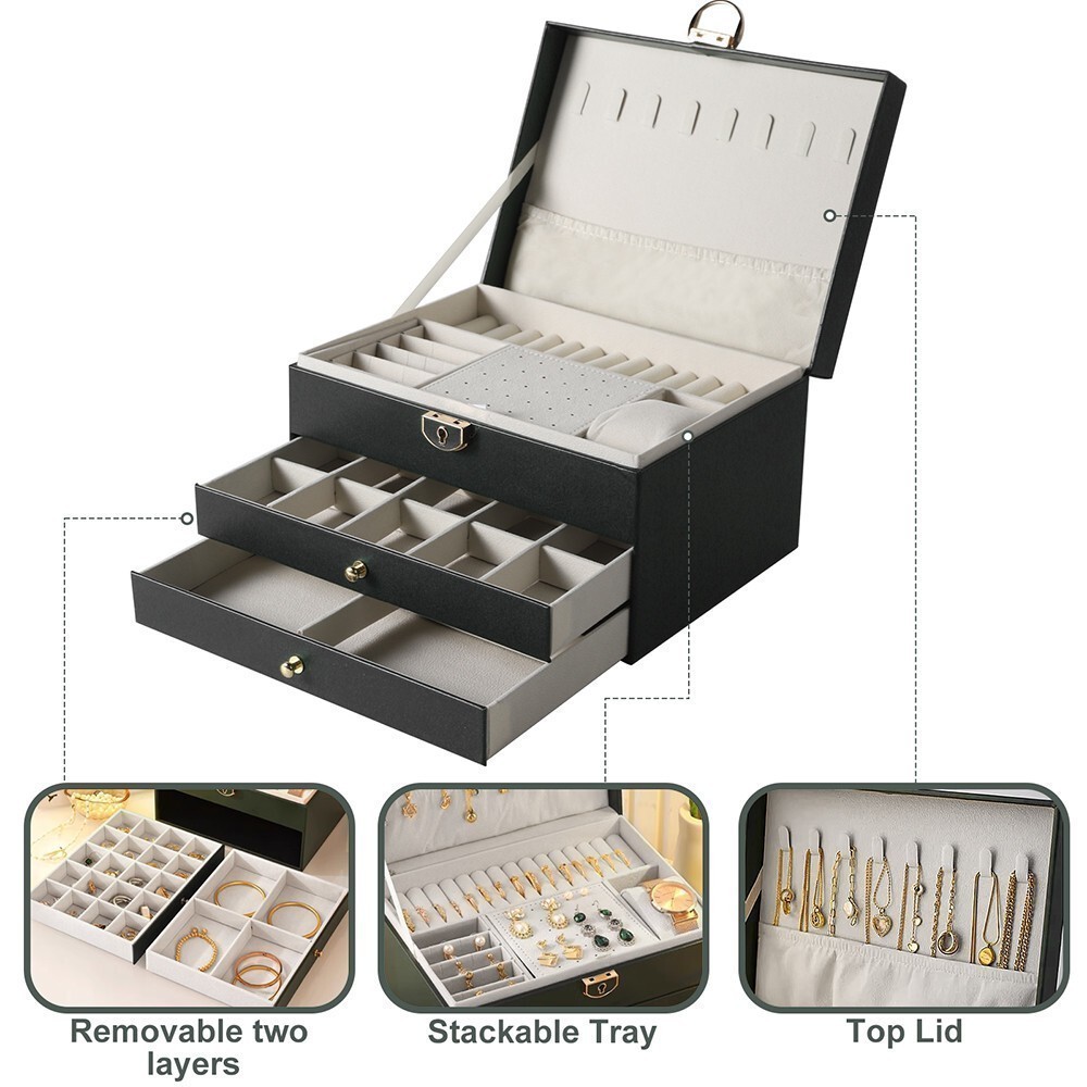 3 Layers Jewelry Box Organizer Large Capacity Ring Earring Necklace Storage Case