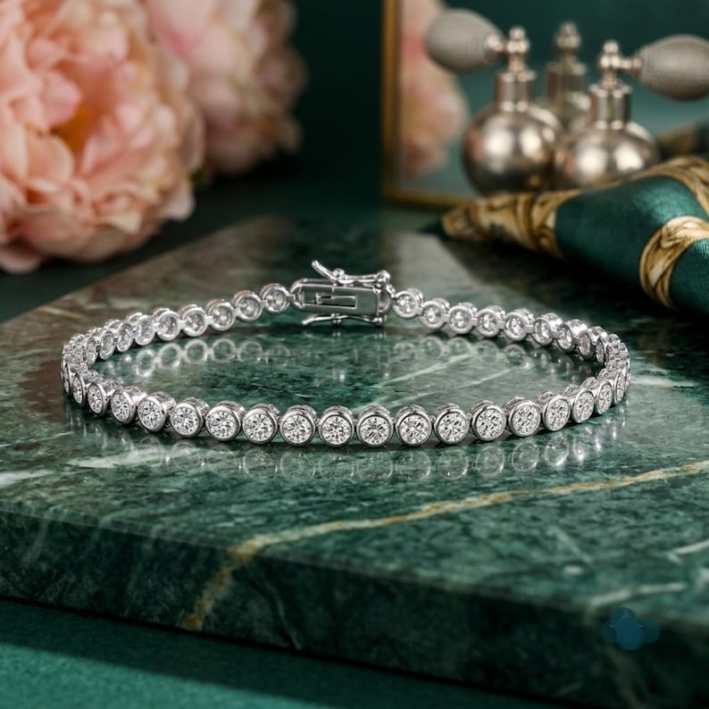 3.0 MM Round Moissanite Bezel Set 14K Gold Tennis Bracelet For Women