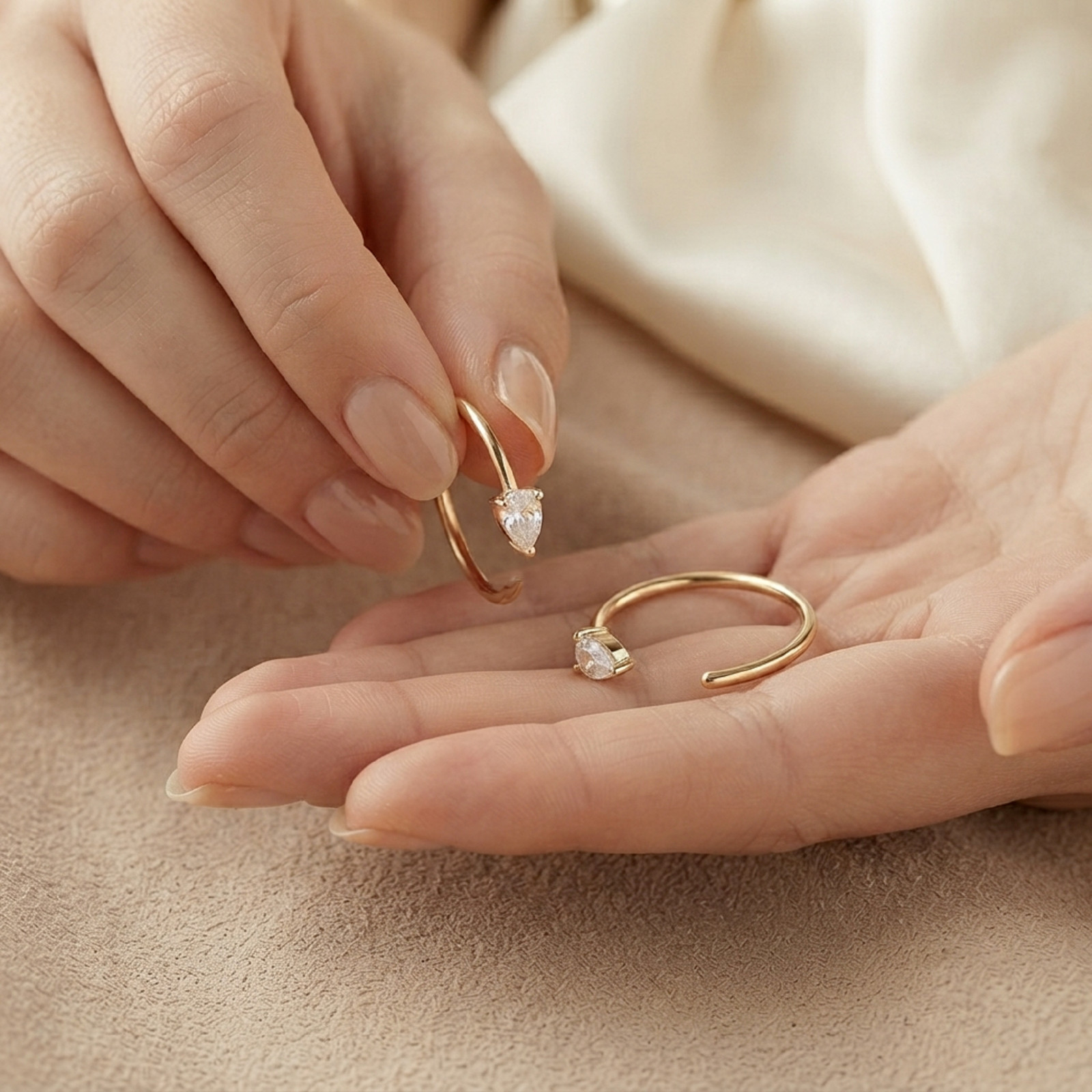 10K Solid Gold Tiny Pear Open Hoop Earrings Moissanite Diamond Dewdrop For Women