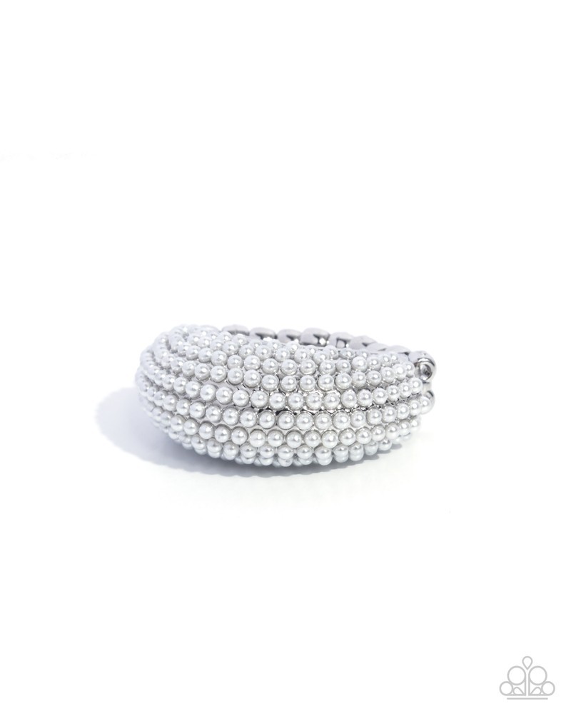 Paparazzi Opulent Overboard – White -Glossy White Pearls – Silver Ring