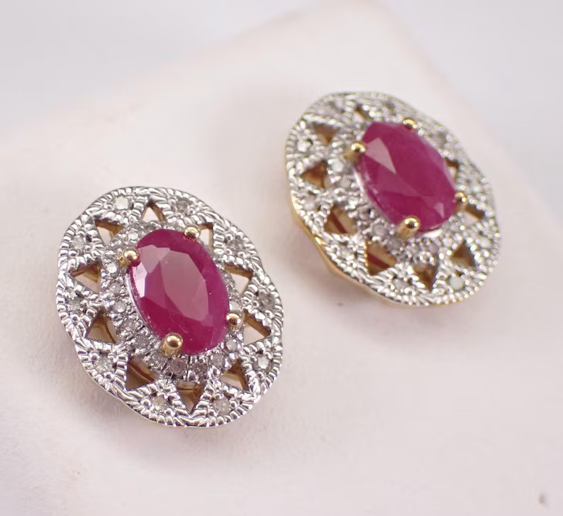 2.20Ct Oval Cut Lab Created Ruby Snowflake Stud Earrings 14K Yellow Gold Plated