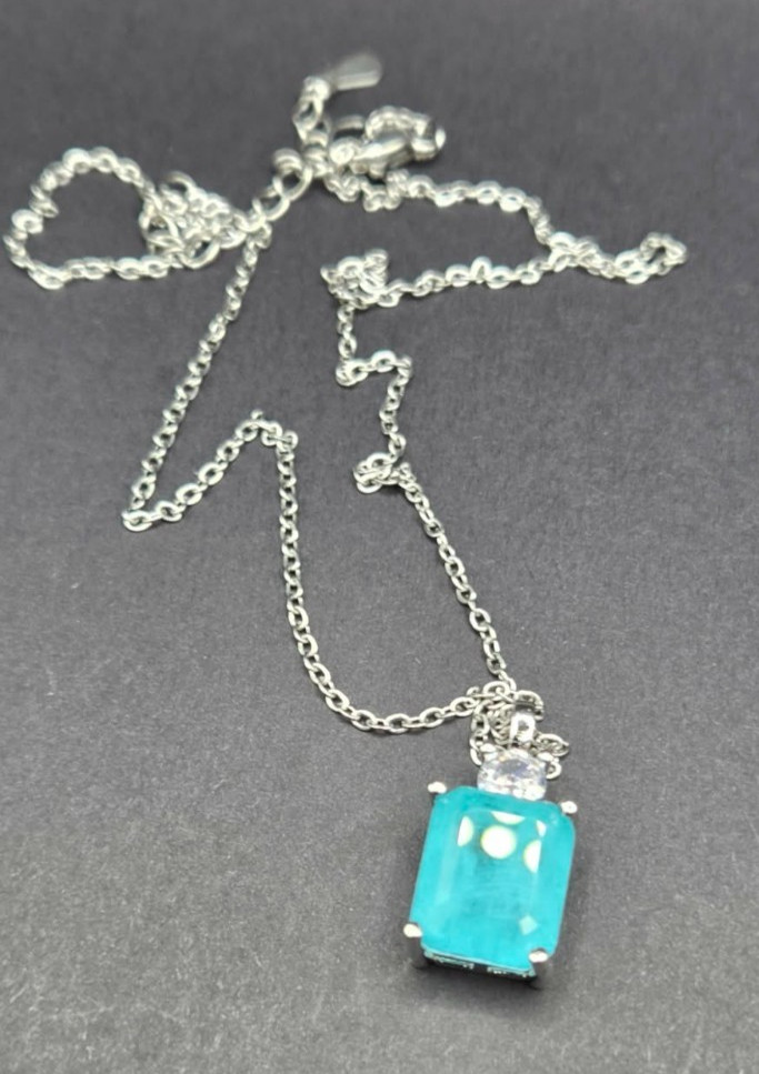 Emerald Cut Silver Tone Turquoise Blue Stone Accent Pendant Necklace