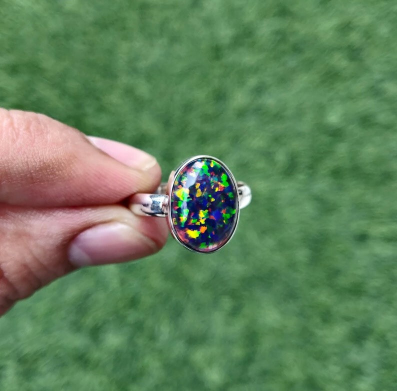 Solid 925 Sterling Silver Black Opal Ring Handmade Ring Women Promise Ring Gift