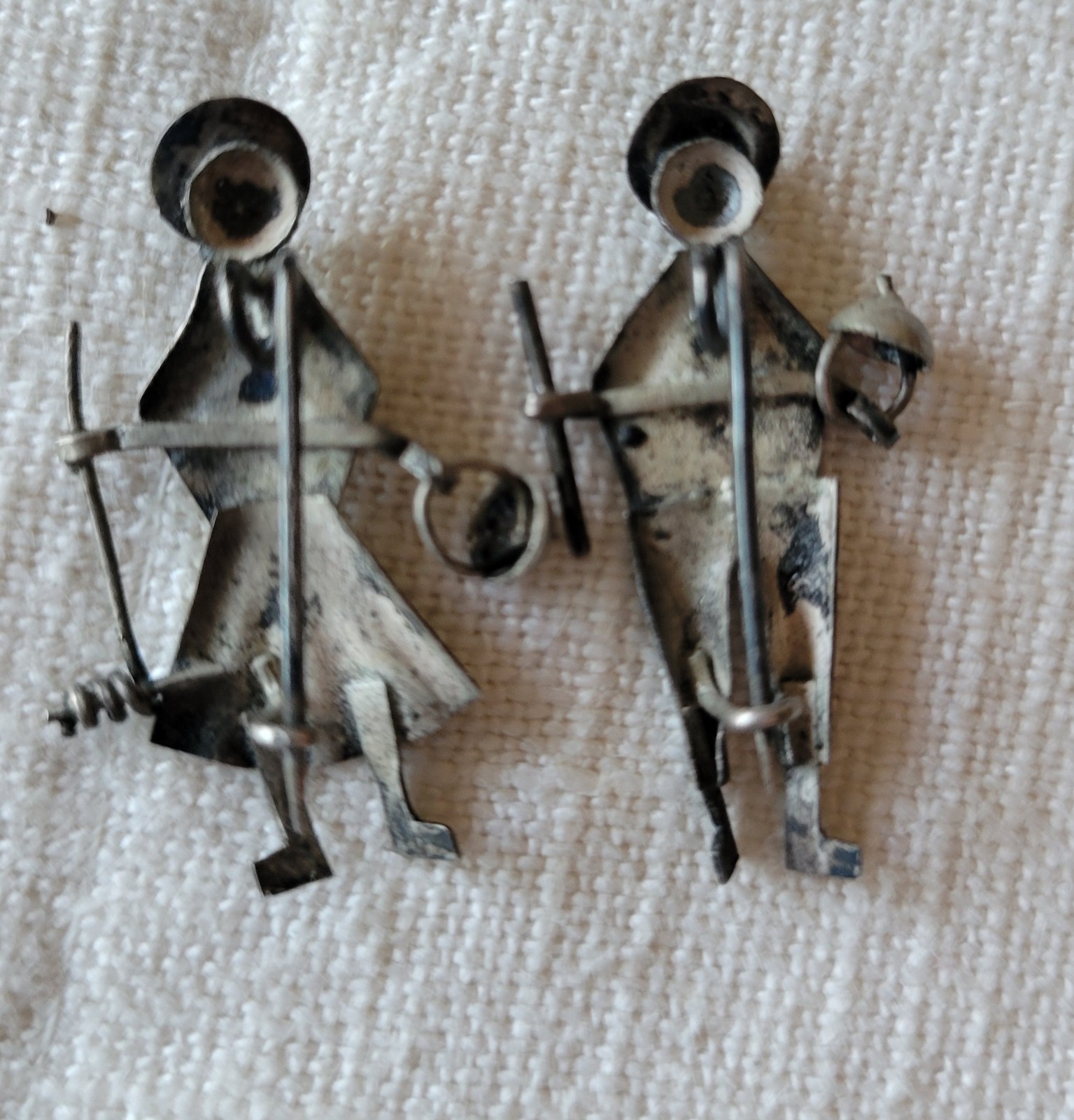 Vintage Native Hand Crafted Silver Metal Pins male female basket staff Peruvian