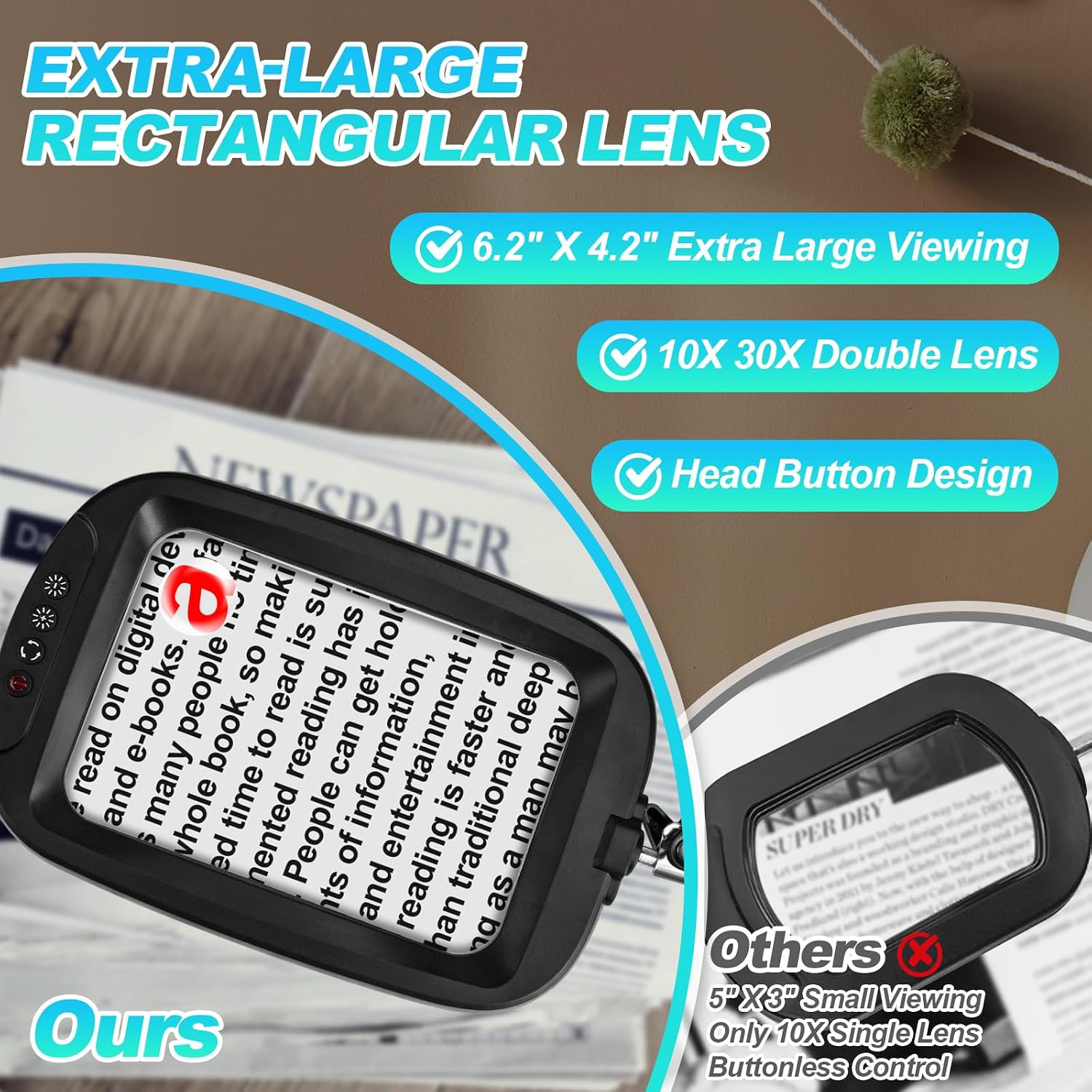 10X 30X Extra Large Magnifying Glass with Light and Clamp, Rectangle Hands Free