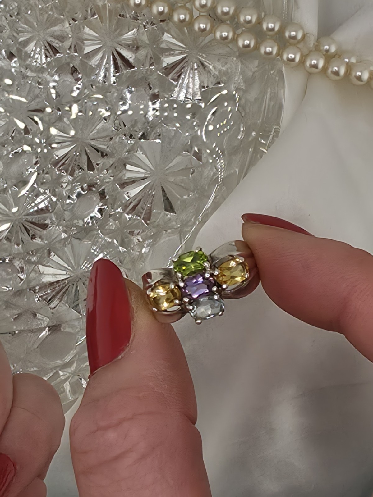 Vintage Sterling Silver 5 Gemstone Cluster Ring Amethyst Peridot Citrine Sz 7.5