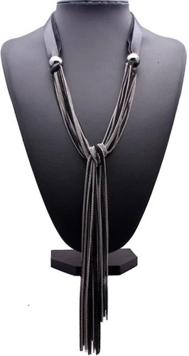 Black Haute Couture Silver Chain Long Lariat Tassel Necklace Fashion Jewelry