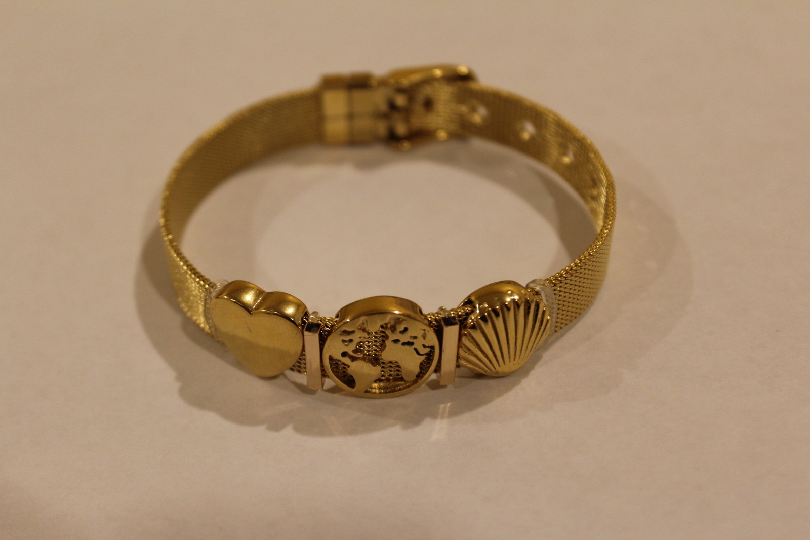 Gold Tone Stainless Steel Mesh Charm Bracelet Buckled Band with 3 charms