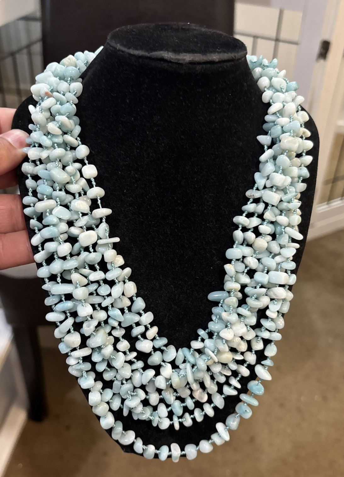 Vintage Eight-Strand Pale Blue Aragonite Necklace on Hand Knotted Silk Thread