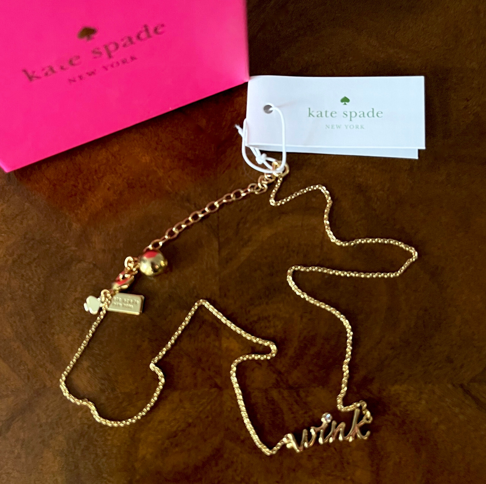 Kate Spade 2018 Say Yes Cursive WINK W/Gem Gold 16” With 2″ Extender Necklace