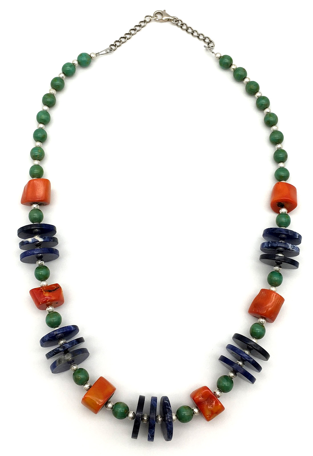 925 Lapis Discs Chalcedony Beads Coral Nuggets ST Etched Seed Beads 20″ Necklace