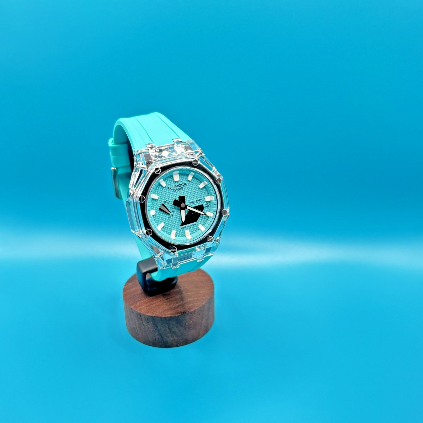 Custom GA-2100 Octagonal Watch Clear Case Sky Blue Dial Casio G-SHOCK Pool Blue