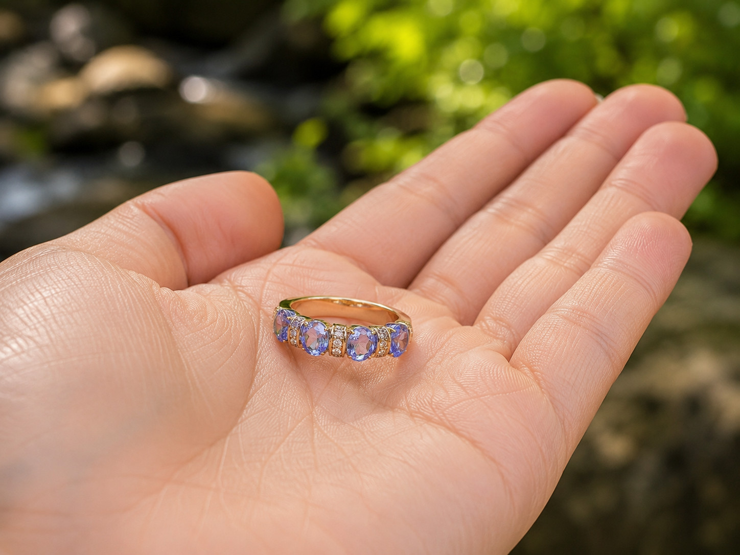 2Ct Oval Cut Lab Created Blue Tanzanite Wedding Band Ring 14K Yellow Gold Plated