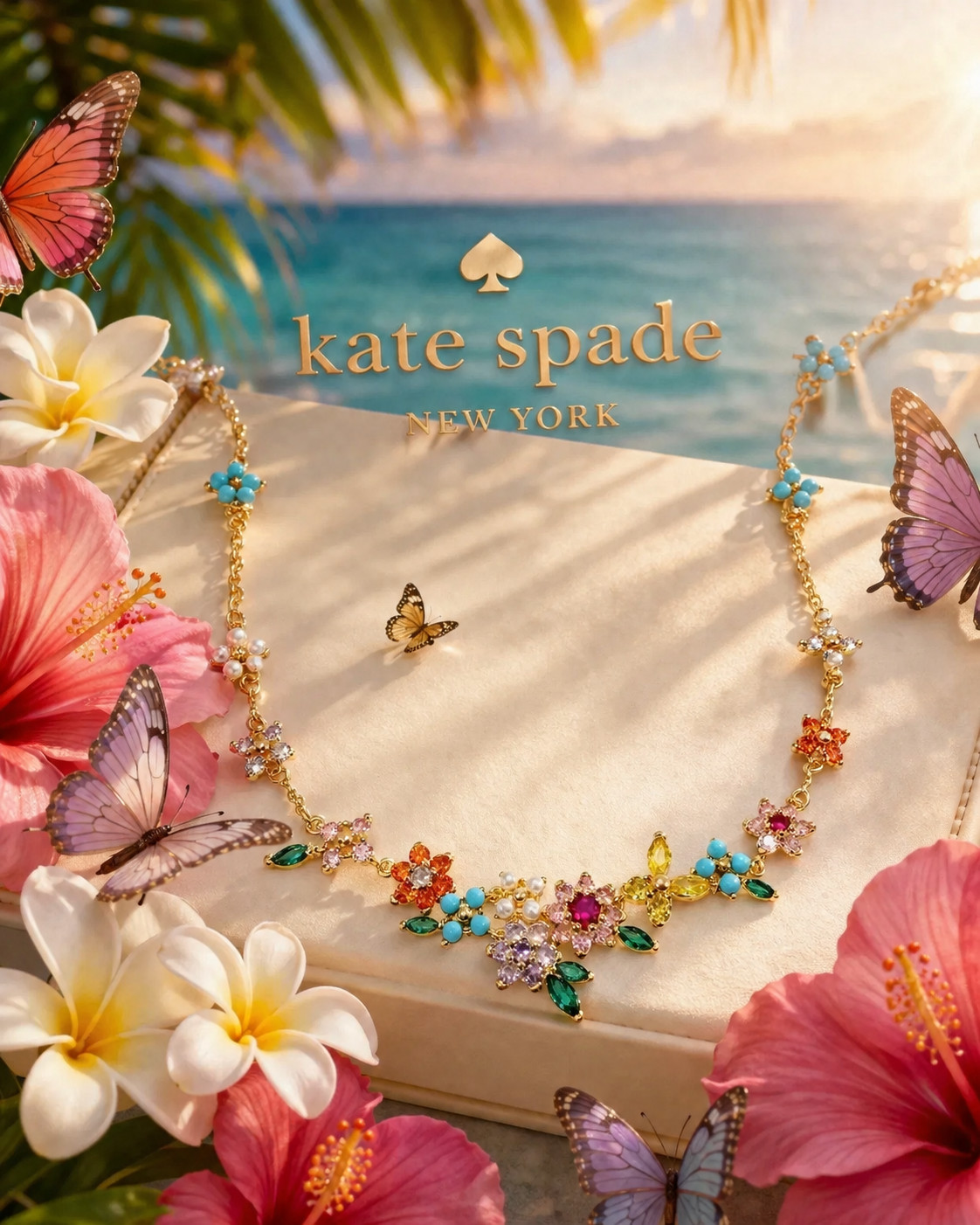 NWOT Kate Spade butterfly and flower necklace Floral Multicolor