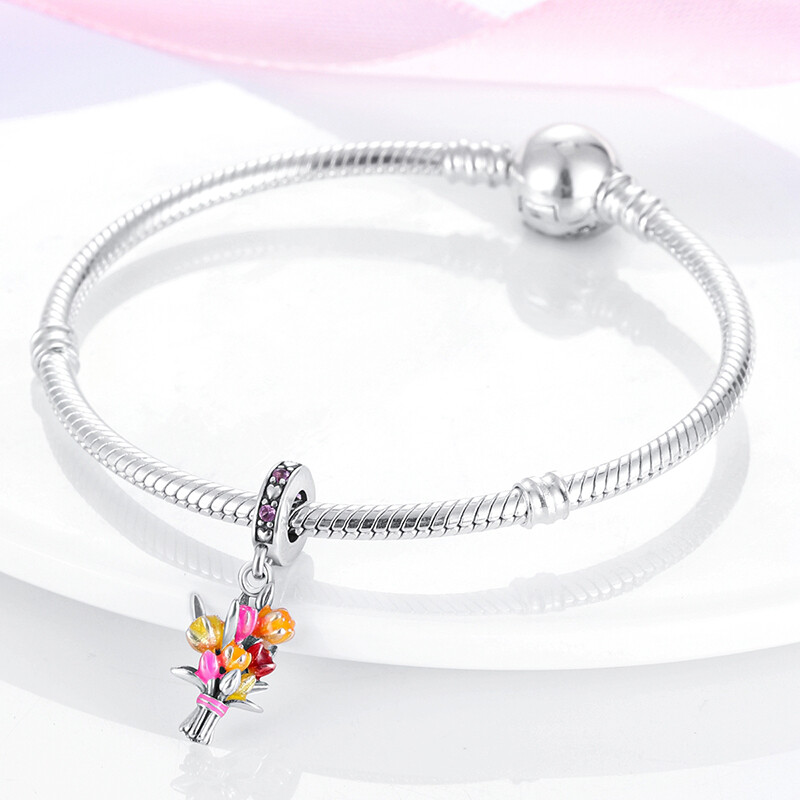 MULA European Silver Plated Charms AAA CZ Enamel Carnation For Women Bracelet