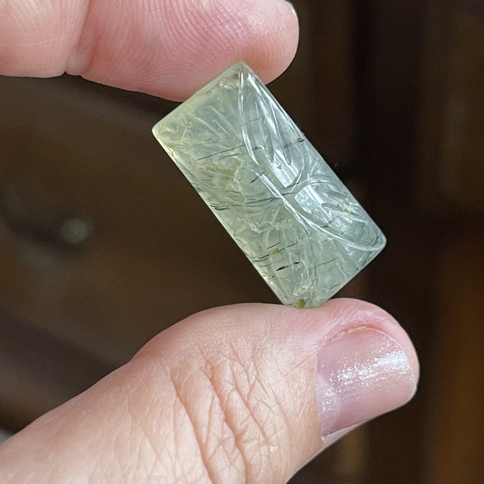 26.3×13.2×7.6mm Carved Rectangle Pale Green Prehnite Cabochon Loose Stone
