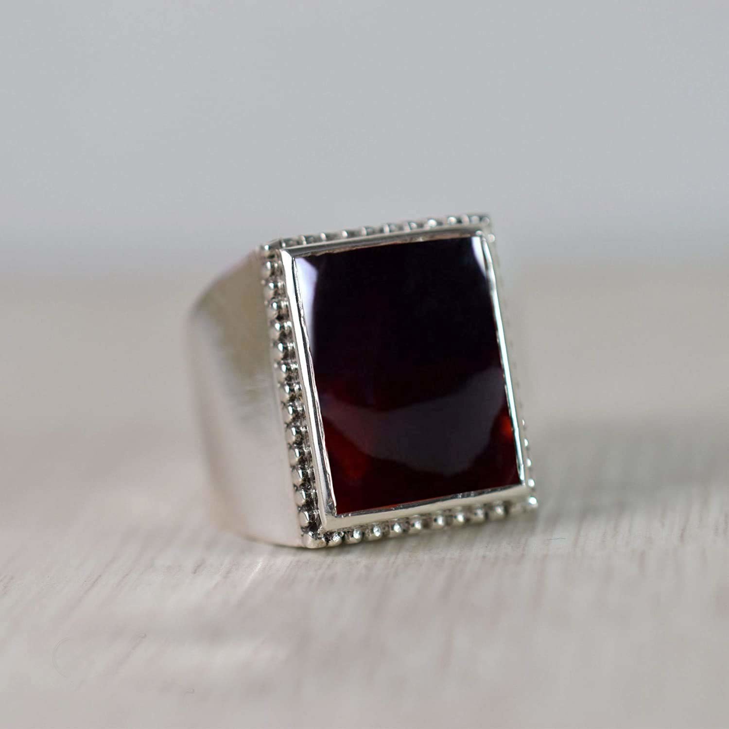 Solid 925 Sterling Silver Red Garnet Rectangle Gemstone Gift Men’s Unisex Ring