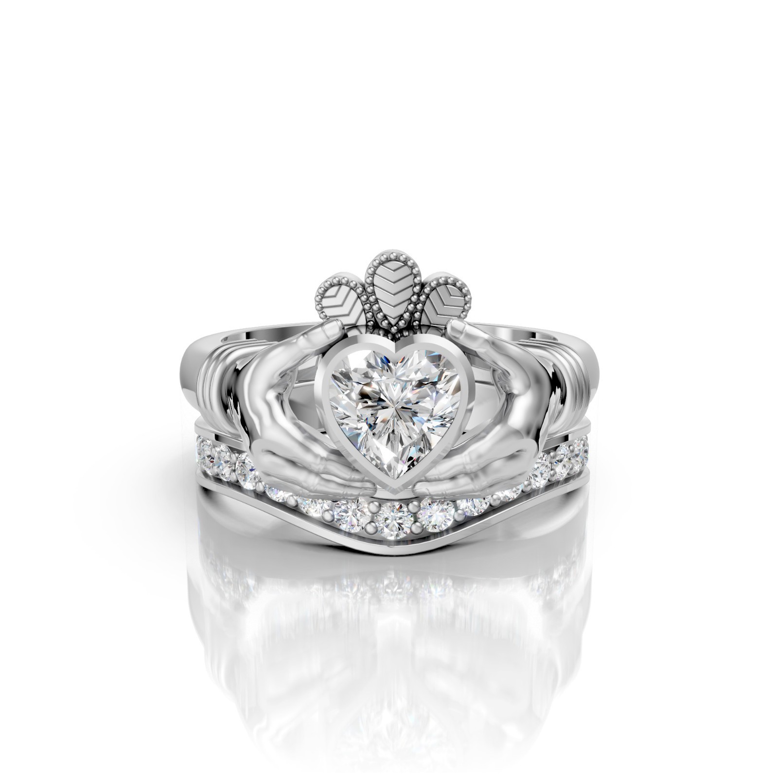 Moissanite Claddagh Bridal Ring Set 925 Sterling Silver Heart Wedding Band