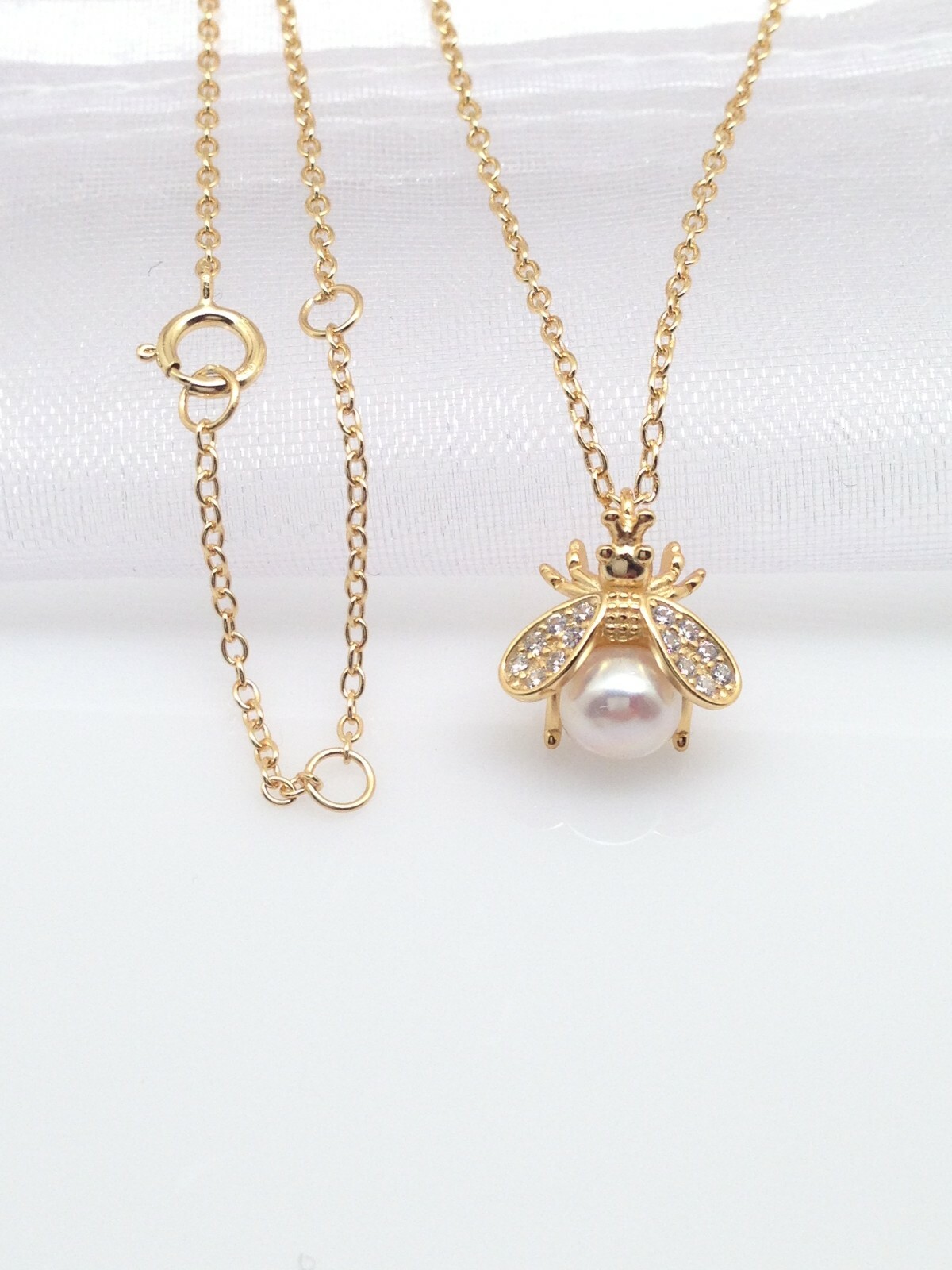 925 Sterling Silver Bumble Bee w/ Pearl Pendant Necklace 11mm(0.43″) 17.75″