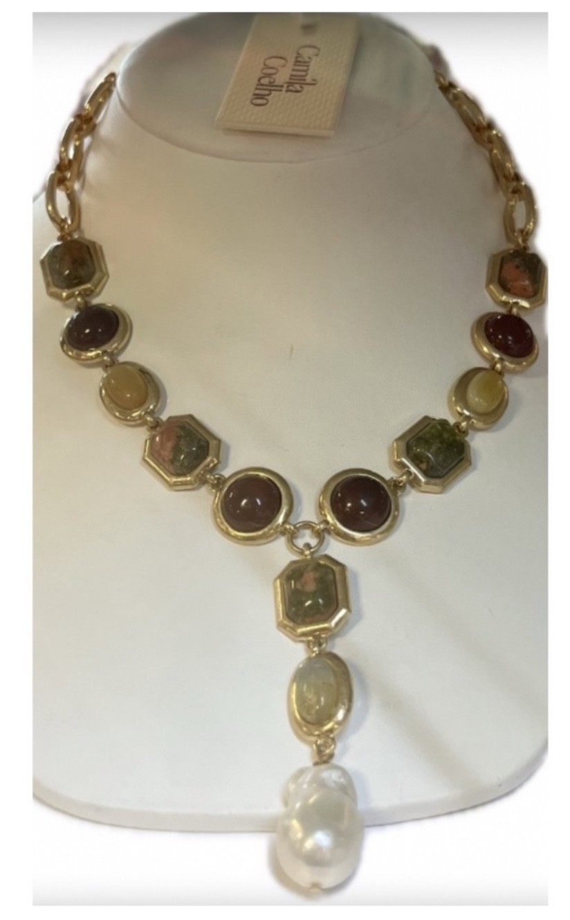 Camila Coelho multi-color Semi precious Stones w Freshwater Pearl charm necklace