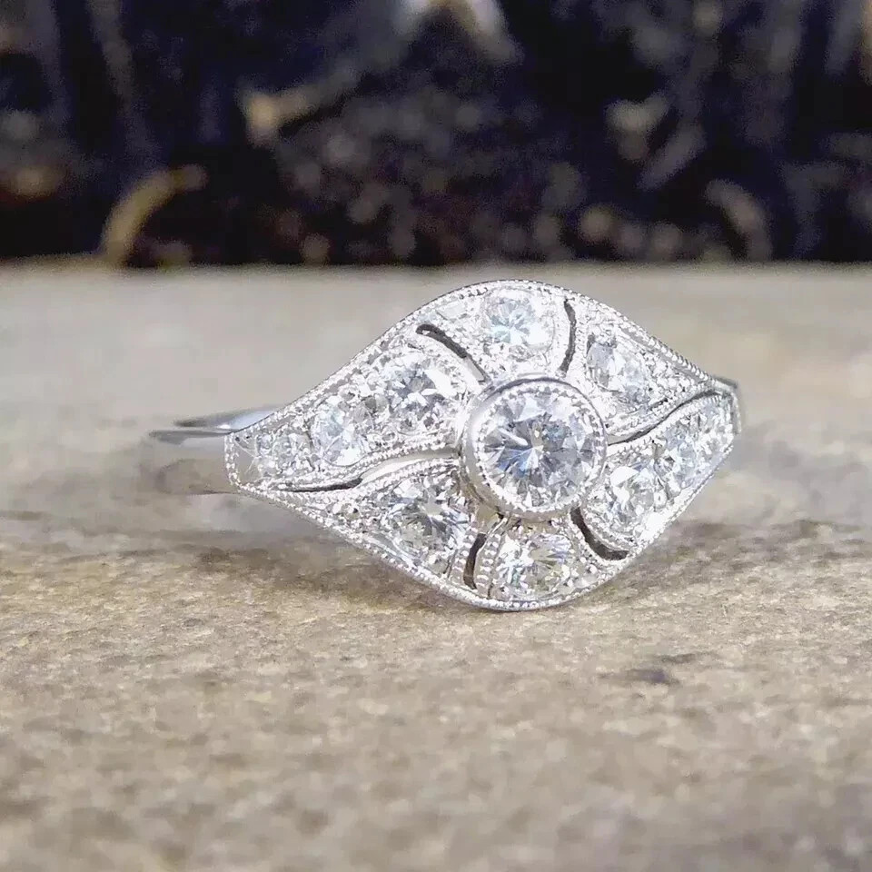 Art Deco Style Round Cut VVS1 Lab Created Diamond 925 Silver Engagement Ring