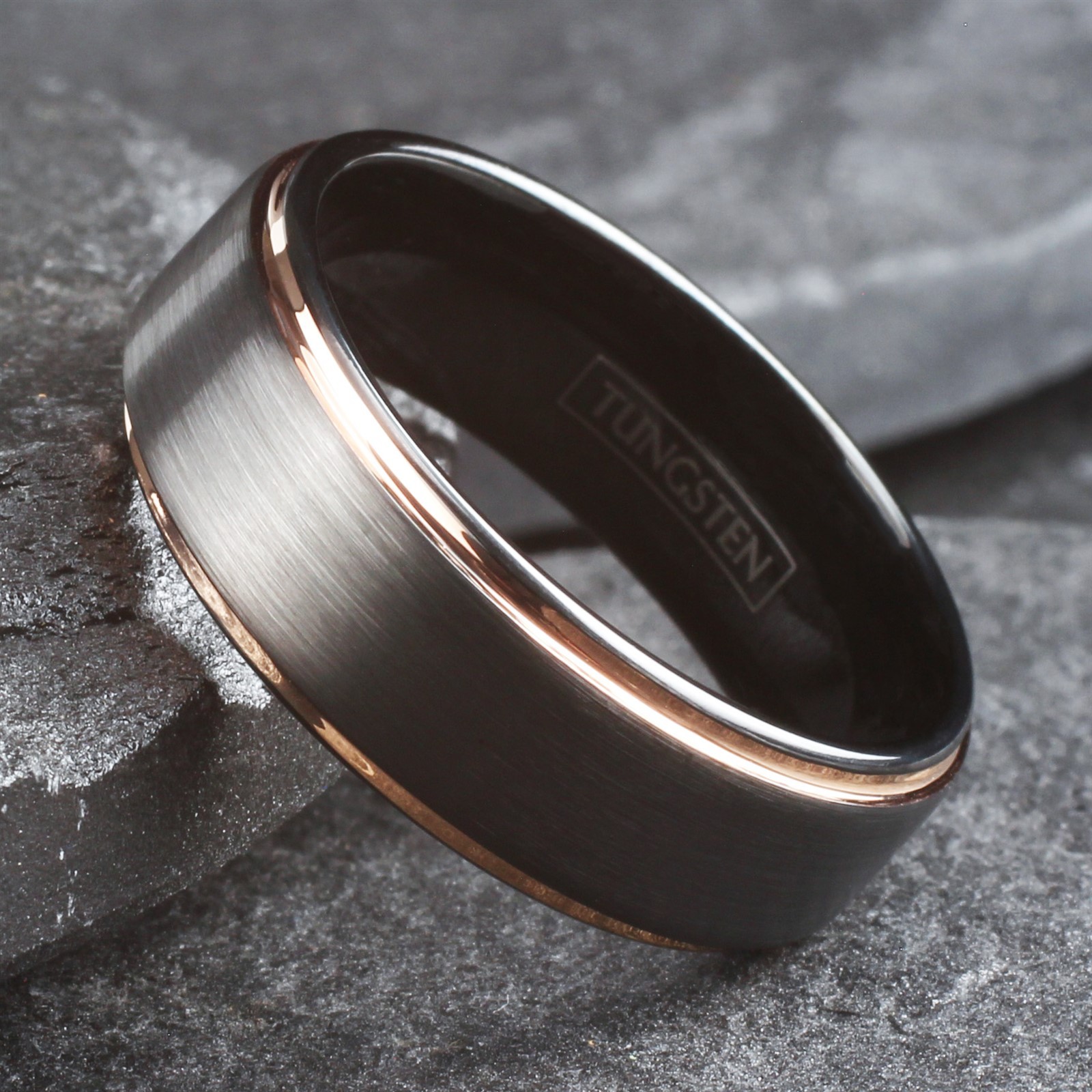 Tungsten Carbide Ring Rose Gold-Plated Black Brushed Wedding Band Men’s Jewelry