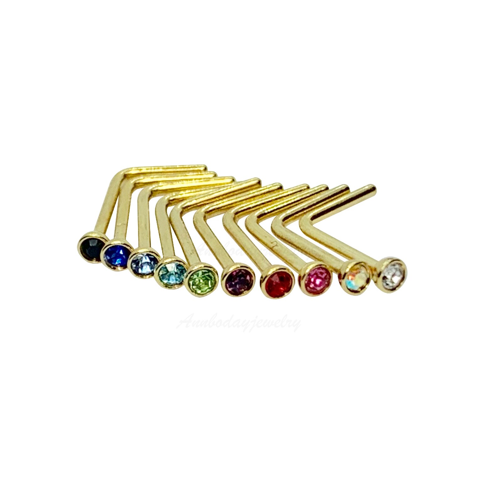 20G (0.8mm) Gold Tone 2mm 10 Colors Nose Rings L Shaped Stud Body Jewelry