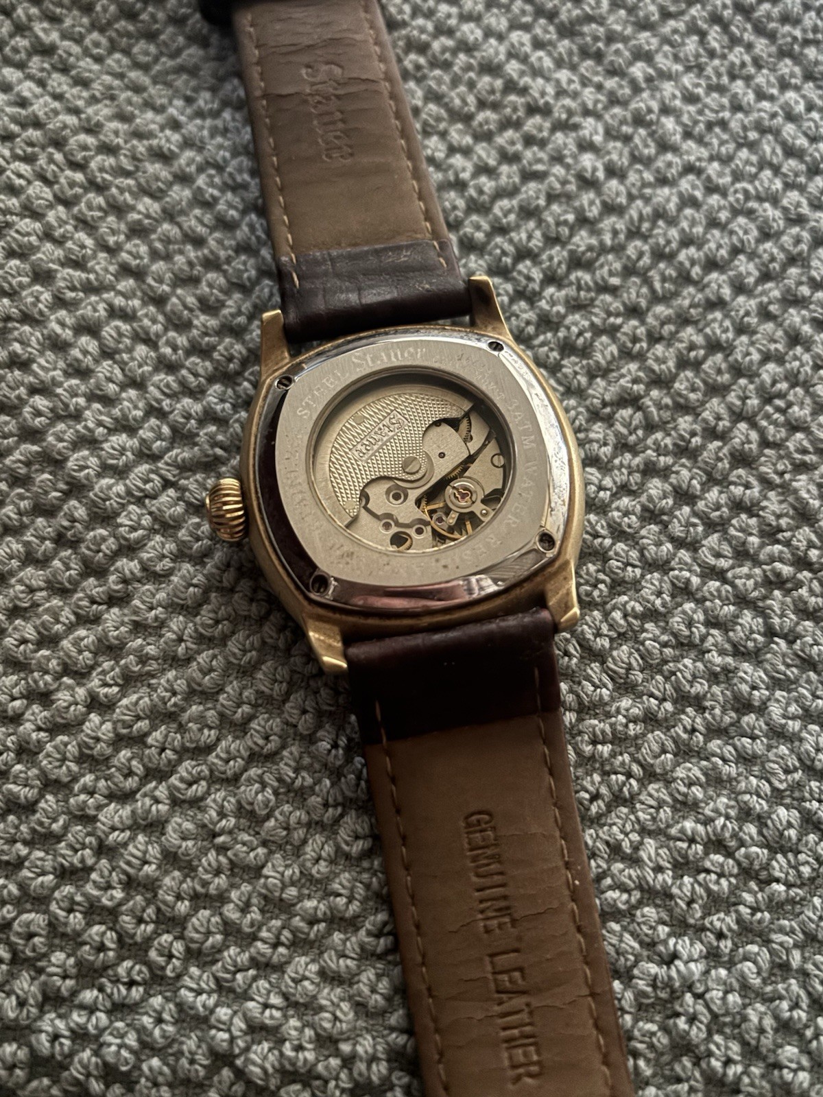 Stauer 1930 Automatic 21 Jewels Gold Cushion Watch Brown Leather Exhibition