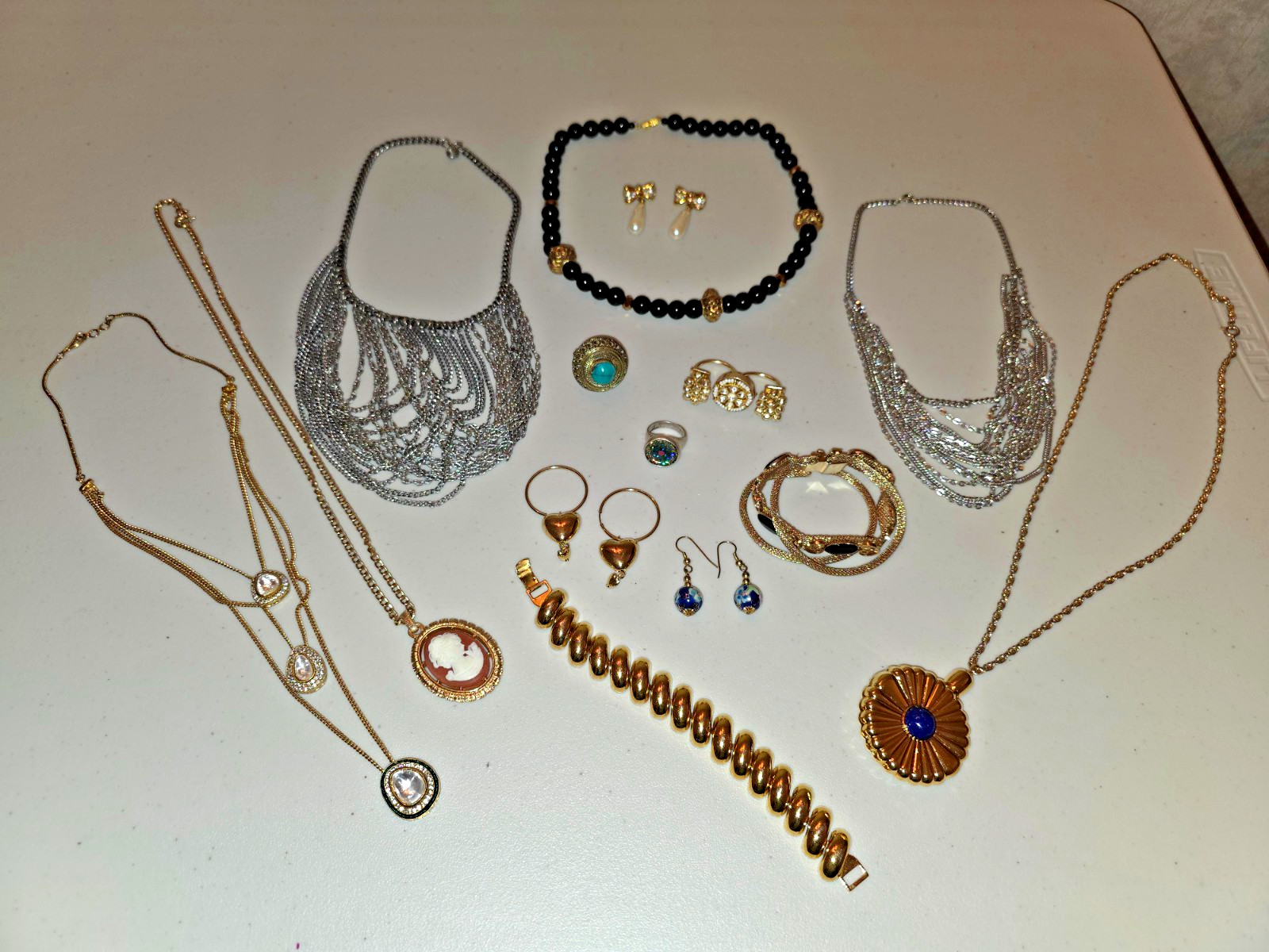 Vintage & Contemporary Jewelry Lot – NAPIER Stamped Bracelet, Cameo Necklace & M