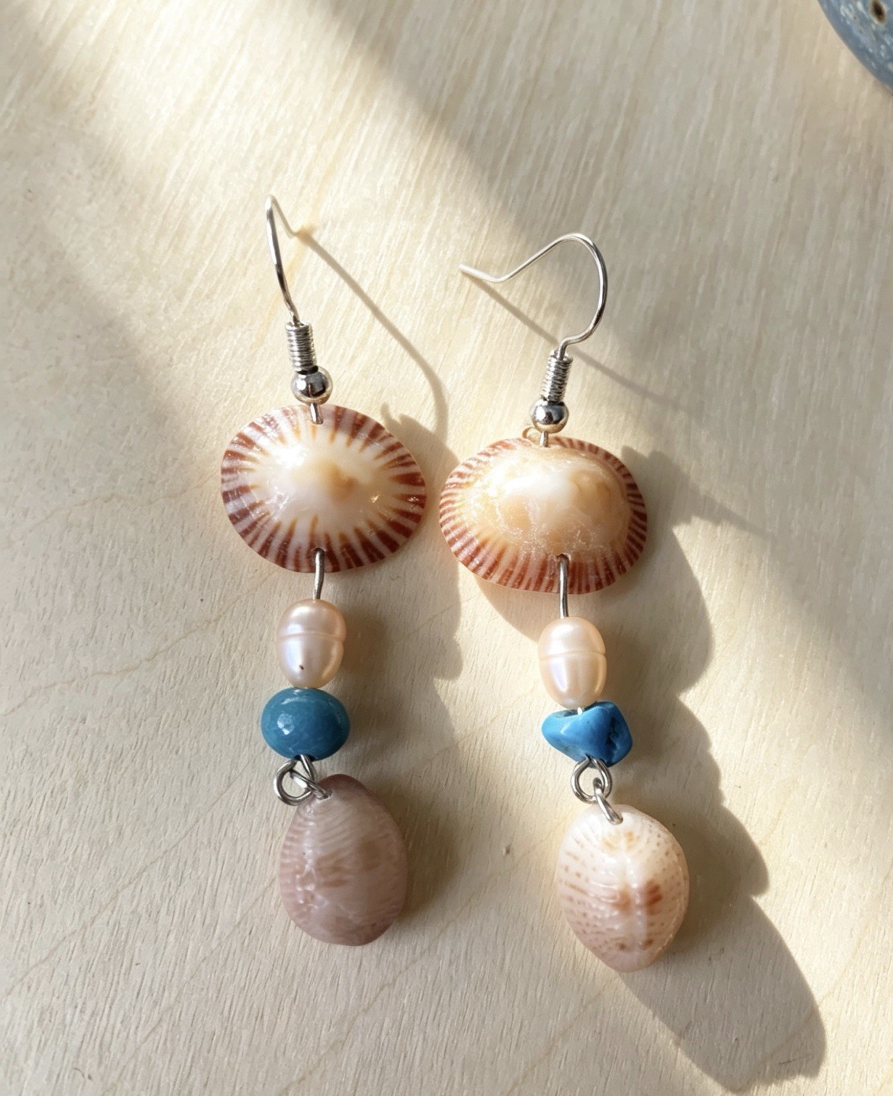 Natural Beige Round Shell Beaded Dangle Drop Earrings, Hook Closure