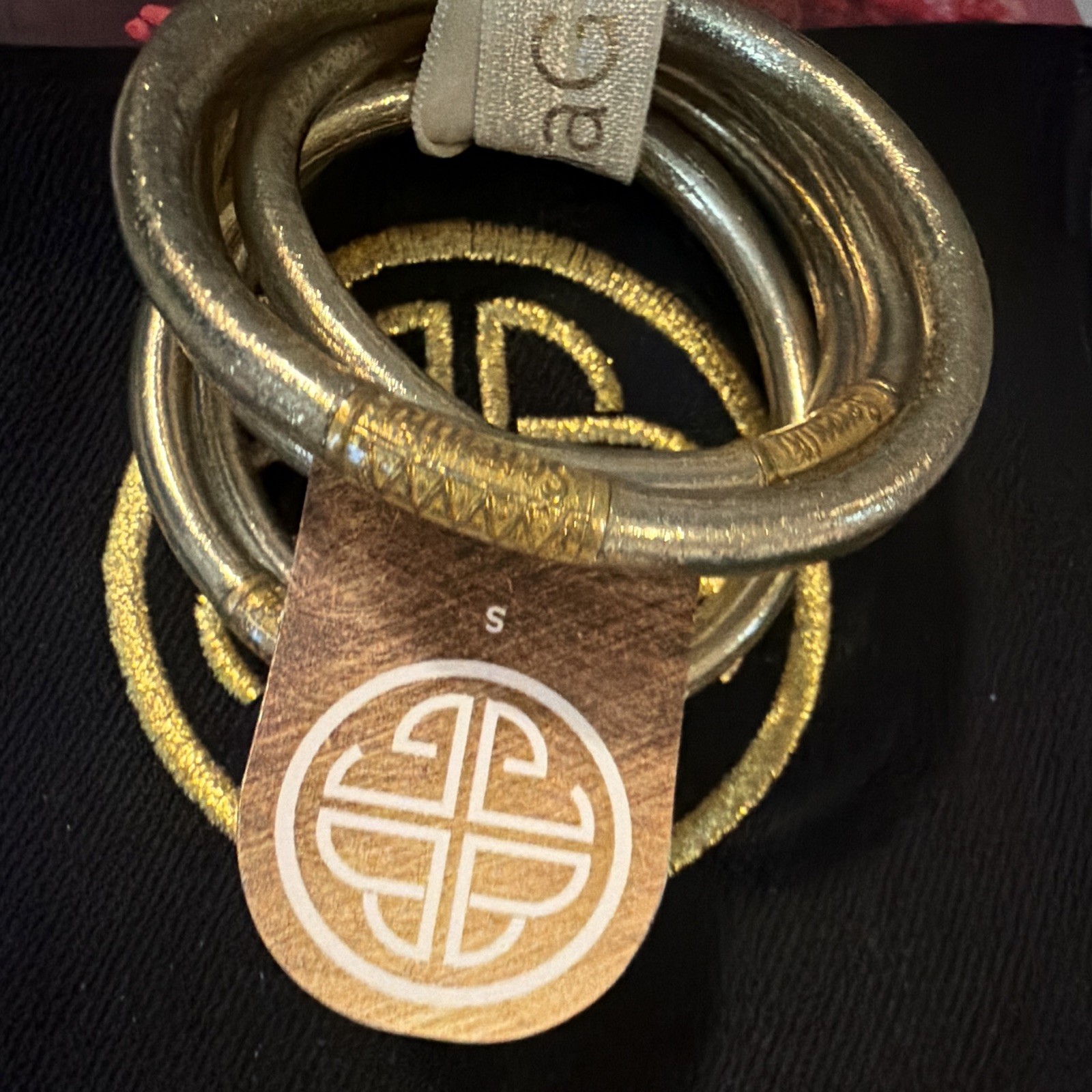 BUDHAGIRL Gold Tone Signed Round Bangle Bracelet Set Size S w/ Pouch Card