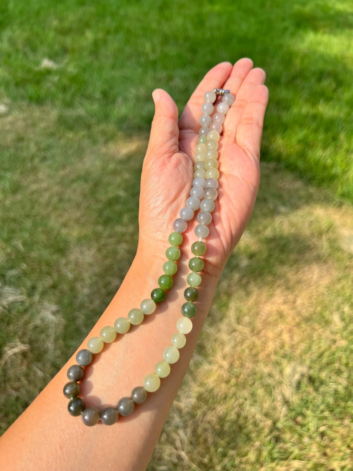 Genuine Gray Purple Green Nephrite Jade 7.8mm Bead 17″ Necklace H323 a