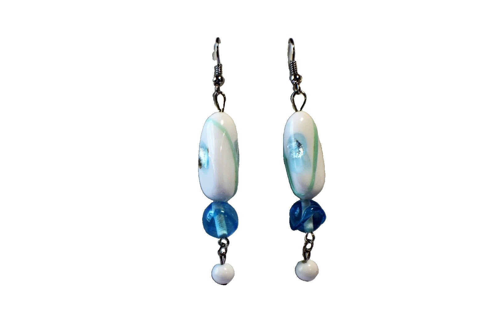 Artisan White Blue Glass Beaded Dangle Drop Earrings Silver Tone Boho Handmade