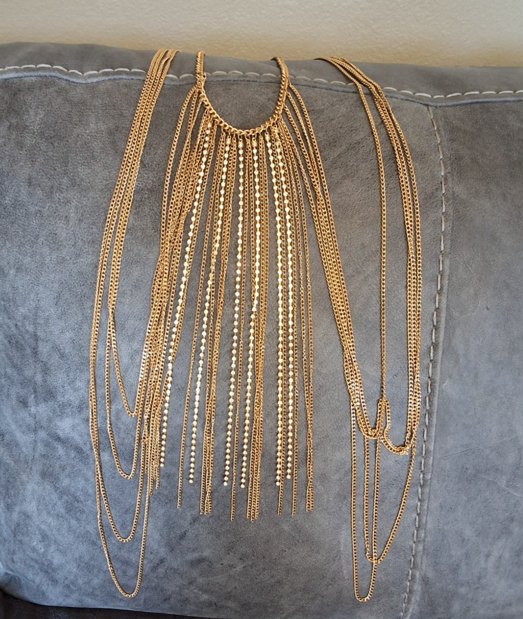 Signed BB Multi Strand Waterfall Gold Tone & Rhinestone Strand Necklace.
