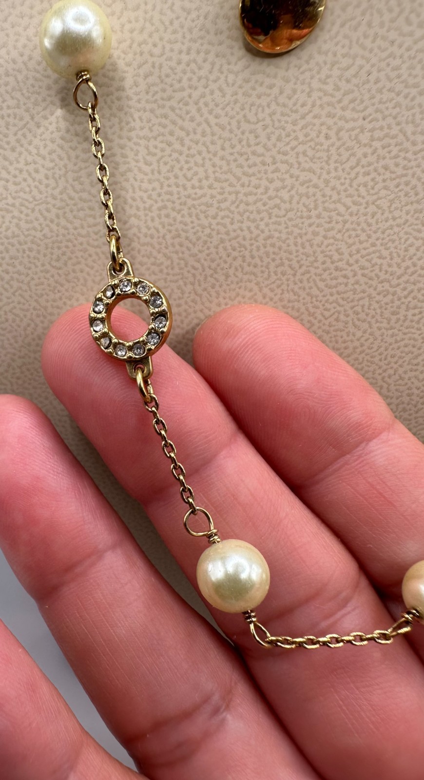 J.Crew signed chain Eternity link faux pearl Necklace rhinestone gold tone 32″L