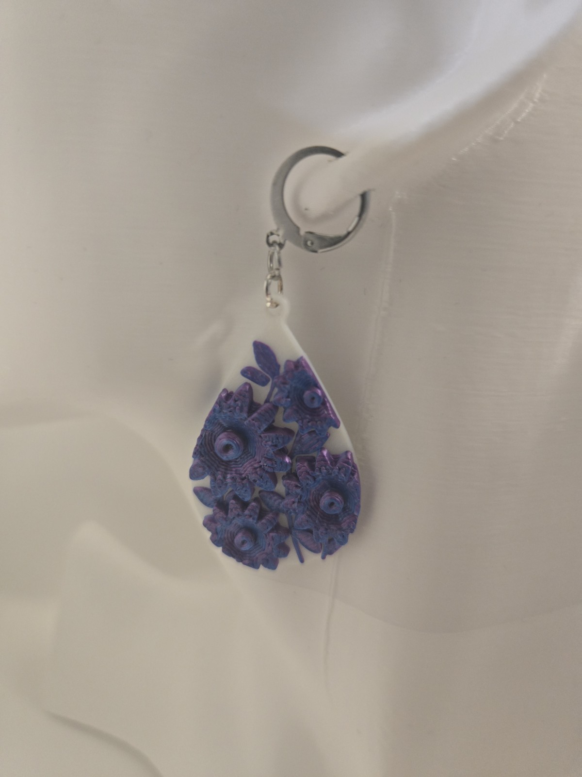 Purple Flower Earrings 3D Print Stainless Steel Lever Back Tear Drop Dangle