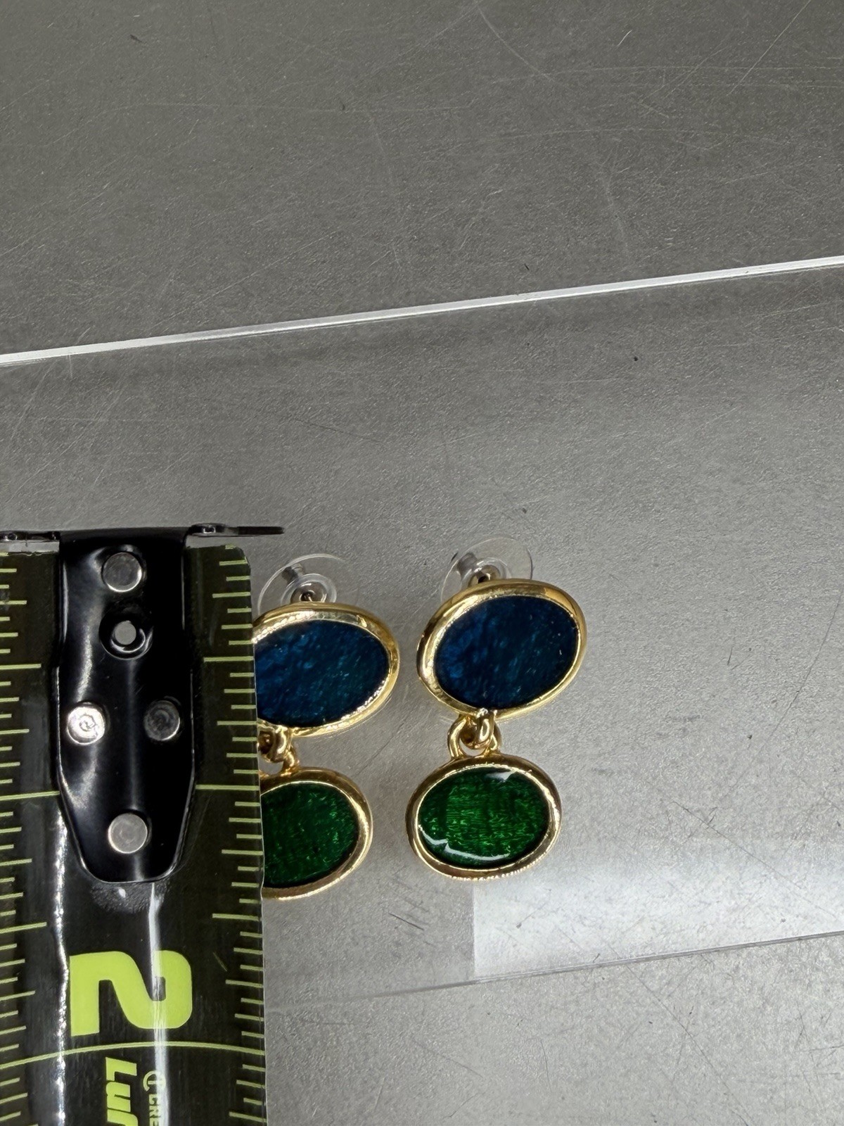 Earrings Dangle Drop Blue Green Gold Minimalist Glam