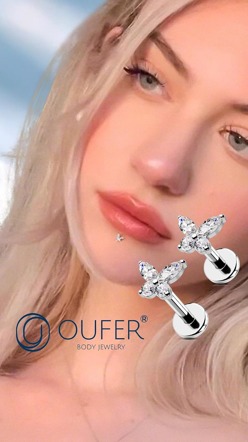 Threadless Butterfly Labret Stud, 316L Surgical Steel Flat Back Push in Piercing